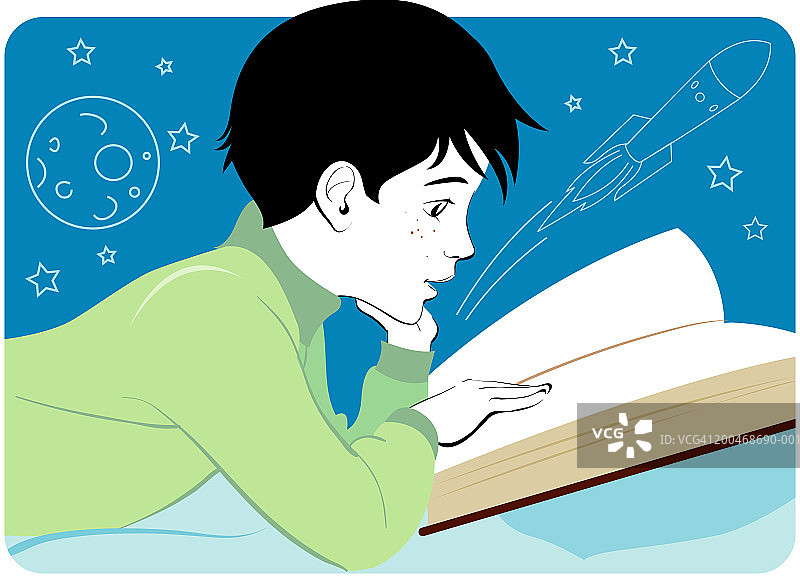 男孩托腮读书侧面图片素材