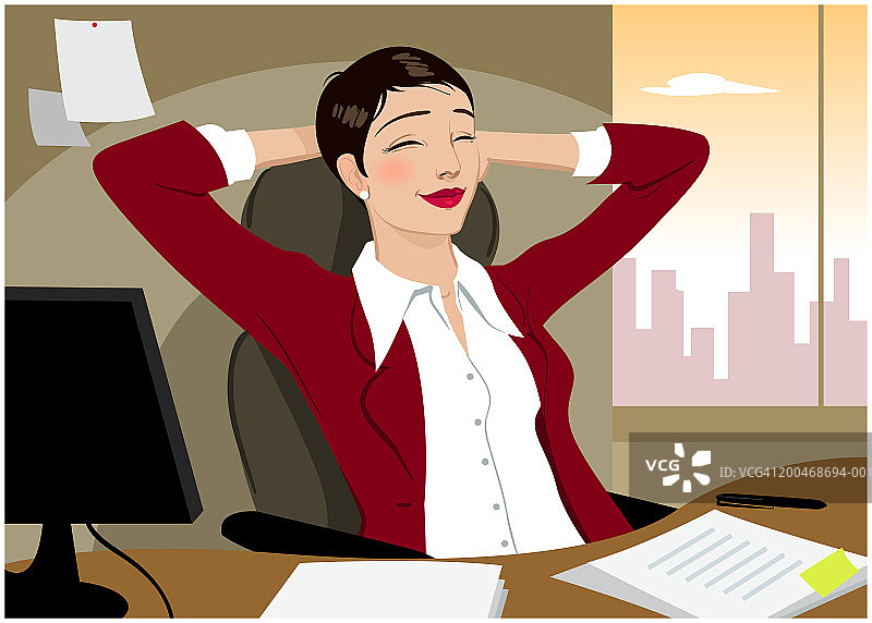 女商人双手放在脑后闭着眼睛坐着图片素材