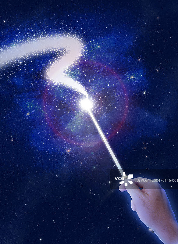 挥舞魔杖的人，夜晚，手部特写（数字合成）图片素材