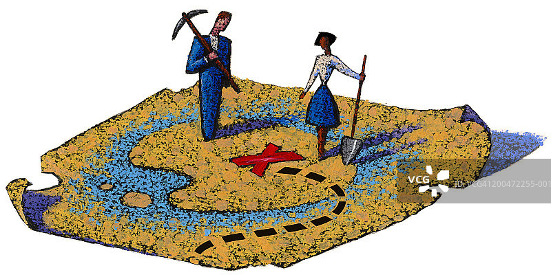 商人和女人看藏宝图，拿着镐和铲图片素材