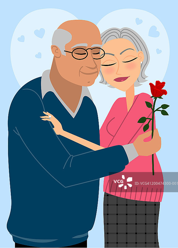 老年夫妇拥抱，闭着眼睛，男人拿着玫瑰花图片素材