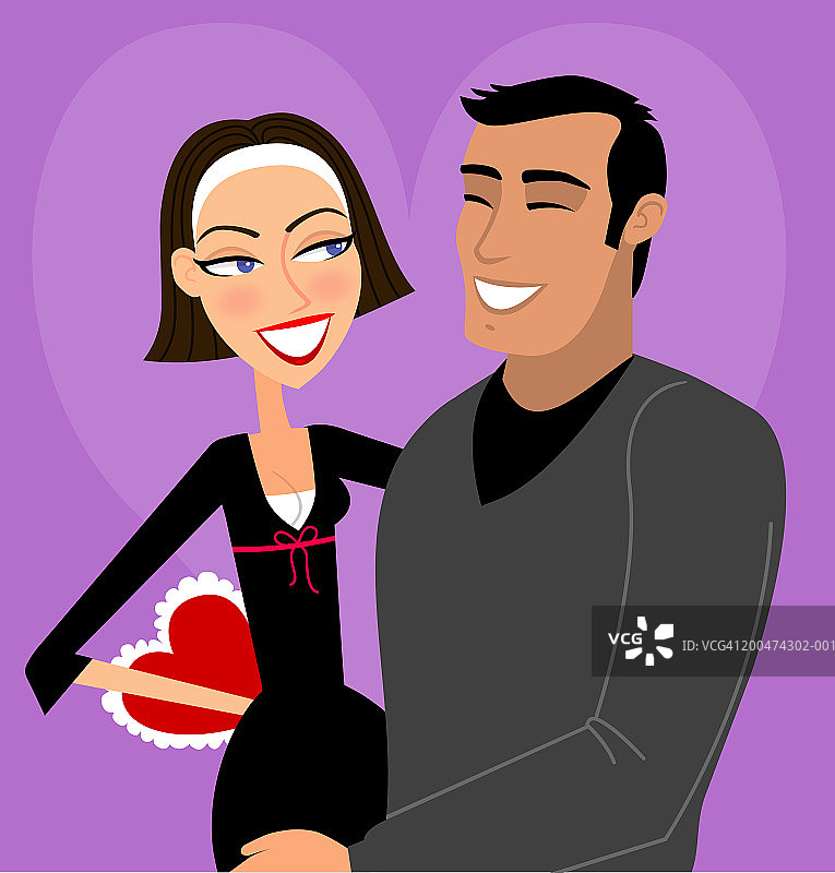 男人和女人拥抱，女人在背后藏着一个心形盒子图片素材