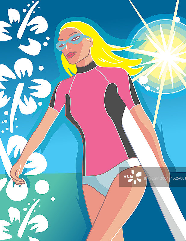 在海滩上携带冲浪板的年轻女人图片素材