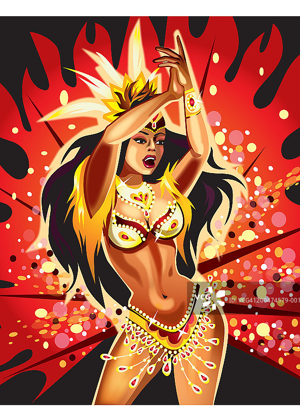 年轻女子身穿狂欢节服装，跳舞，举起双臂图片素材