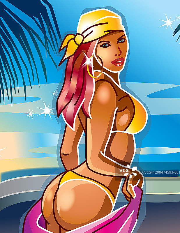 年轻女子在海滩上穿比基尼，侧视图图片素材