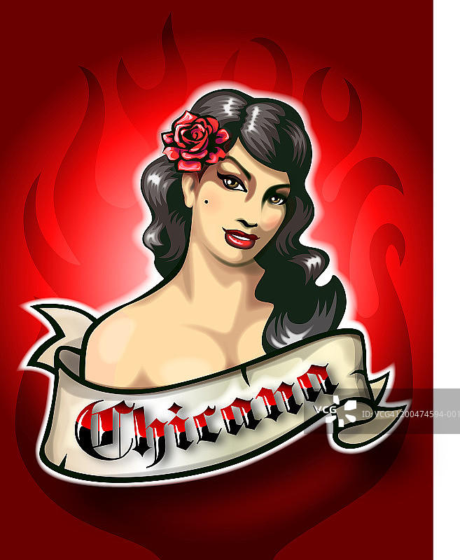 拿着“Chicana”横幅，背景是火焰的年轻女人图片素材