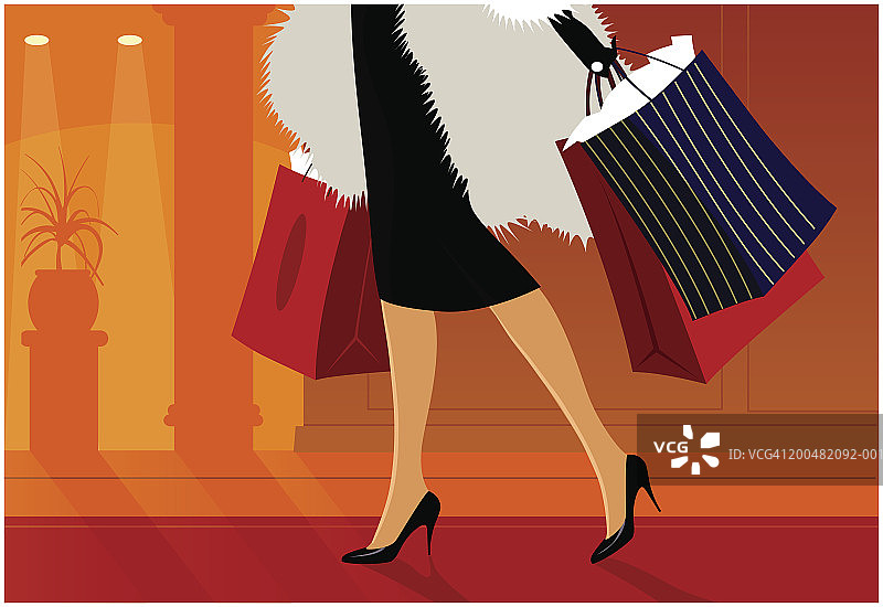 女人提着购物袋，低角度侧视图图片素材