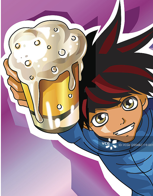 手持啤酒的年轻男人，举起手臂，高角度视角图片素材