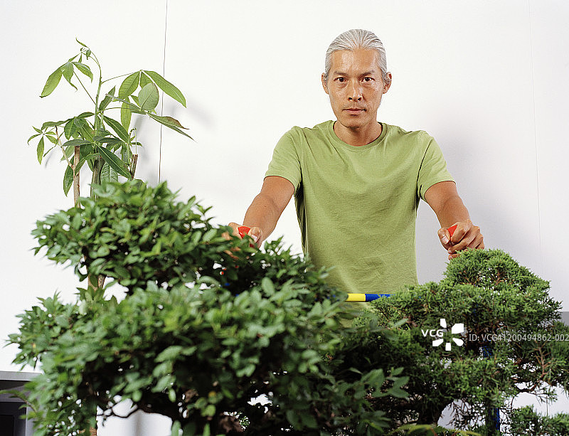 与植物合影的中年男人肖像图片素材