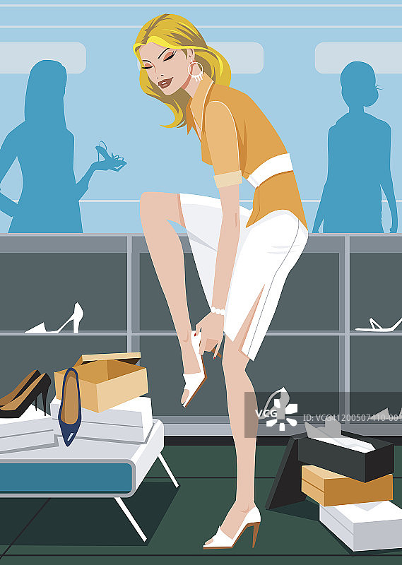 女人在零售店试鞋，侧面视角图片素材