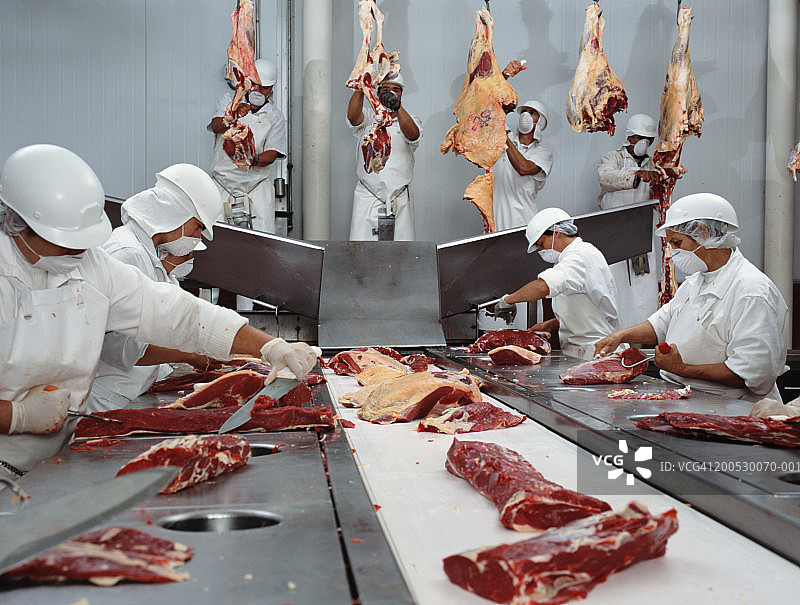 屠宰场里戴着卫生口罩切割牛肉的屠夫图片素材