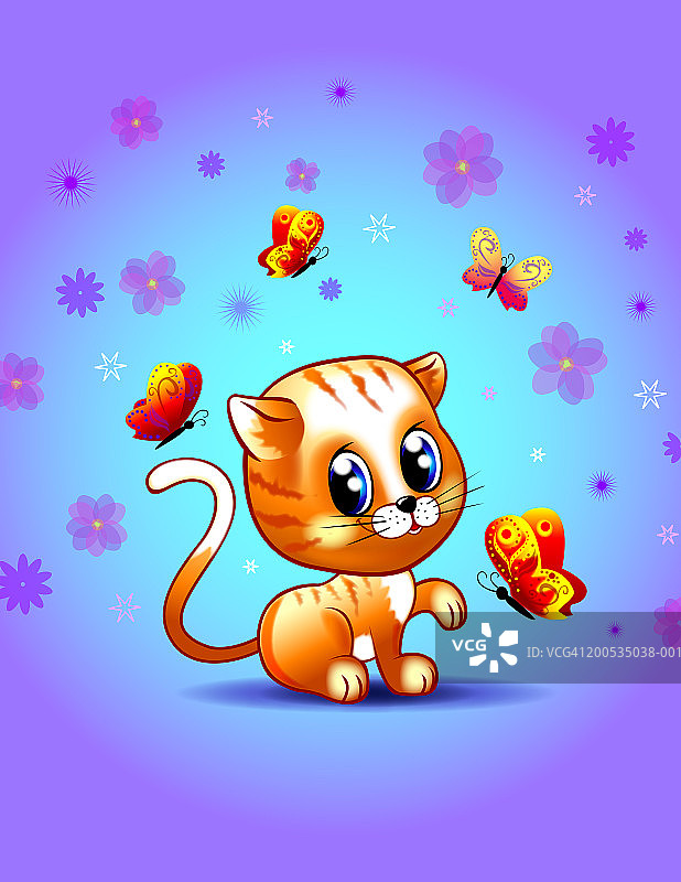 小猫被蝴蝶包围图片素材