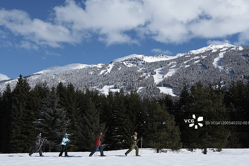 四名成年人越野滑雪侧视图图片素材