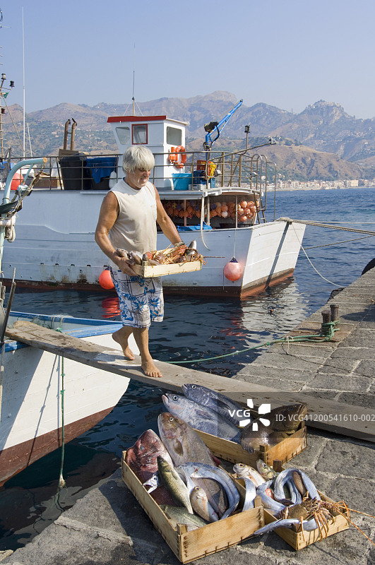 年长的渔夫从渔船上卸下渔获，地点：意大利西西里墨西拿纳克索斯图片素材