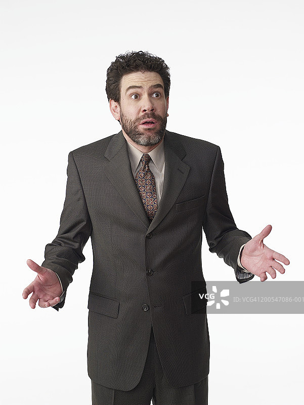 白色背景下困惑的商人肖像图片素材