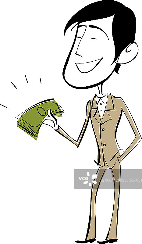 男人手握美元纸币，面带微笑图片素材