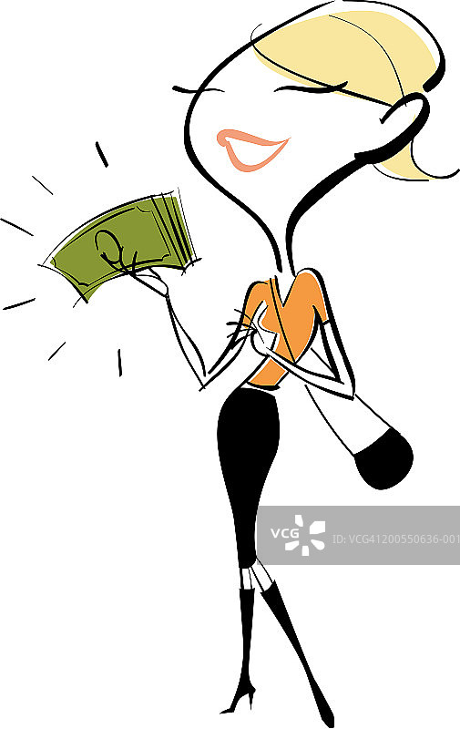 女人拿着一把美元纸币，面带微笑图片素材