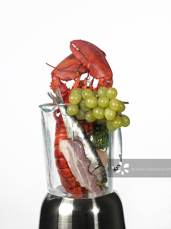 包含鱼、肉、龙虾、水果、蔬菜和鸡蛋的搅拌机图片素材