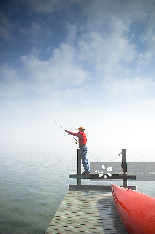 在码头上钓鱼的男人（侧视图）图片素材