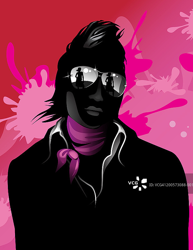 戴墨镜的男人，墨镜中反射出女人的身影图片素材