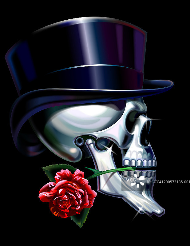 嘴里叼着玫瑰戴着高顶礼帽的骷髅侧视图图片素材