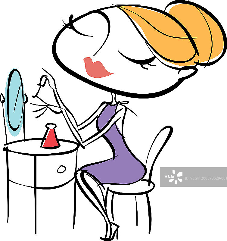 女人在梳妆台涂指甲油，侧面视角图片素材