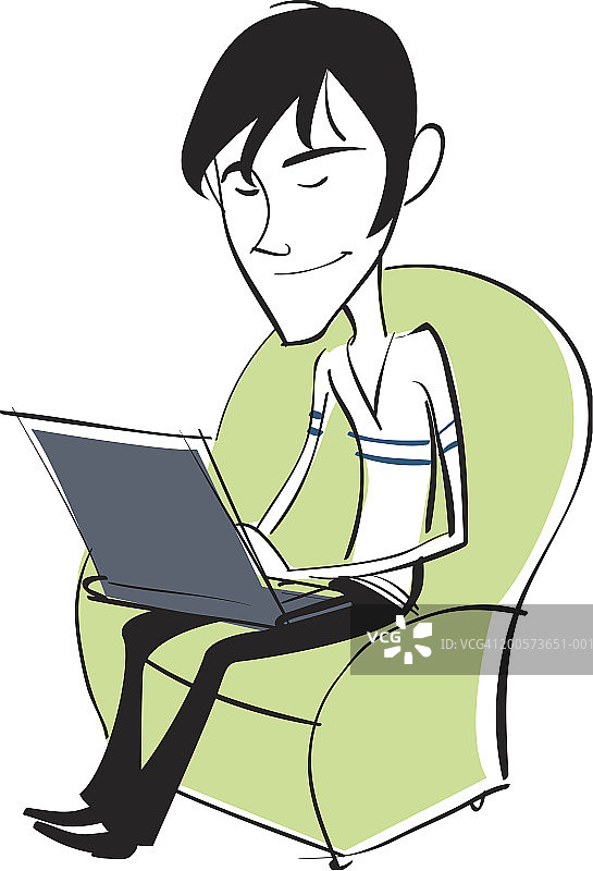 男人坐在扶手椅上使用笔记本电脑图片素材