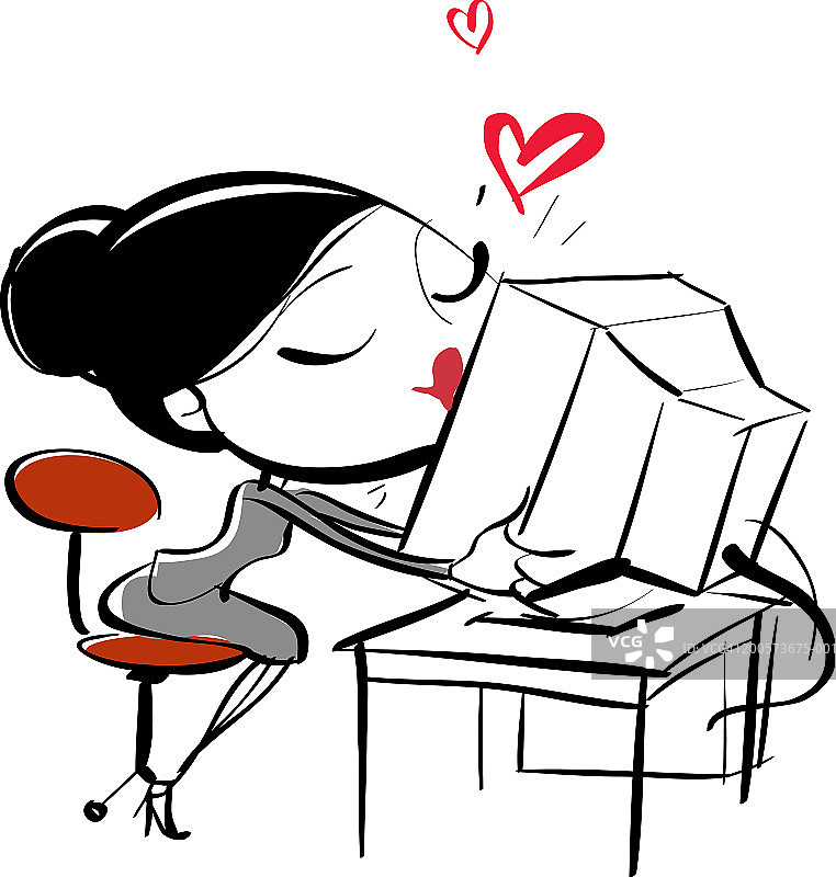 女人亲吻电脑屏幕侧视图图片素材