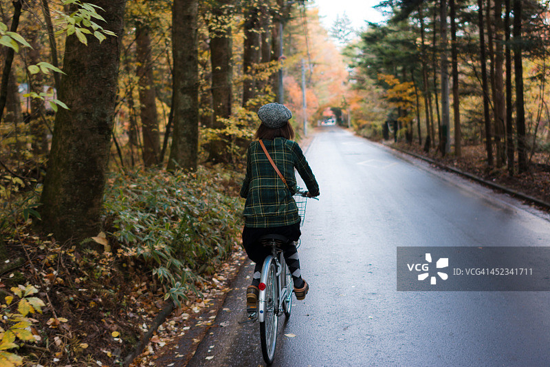 秋日林荫道上骑自行车的女子图片素材