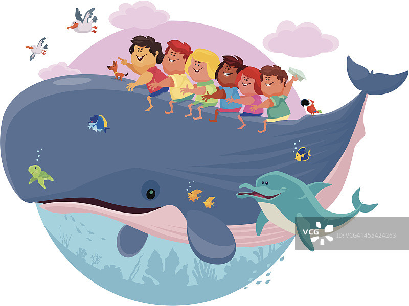 孩子们骑鲸鱼图片素材