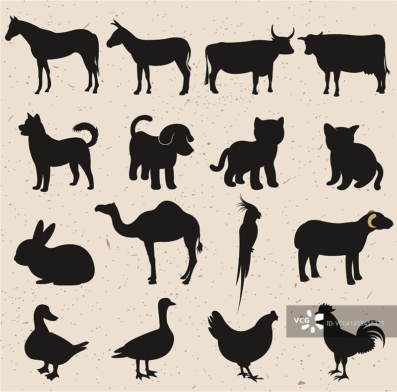 斑驳棕褐色背景上的动物轮廓剪影图片素材