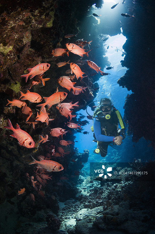 在洞穴中的男潜水员图片素材