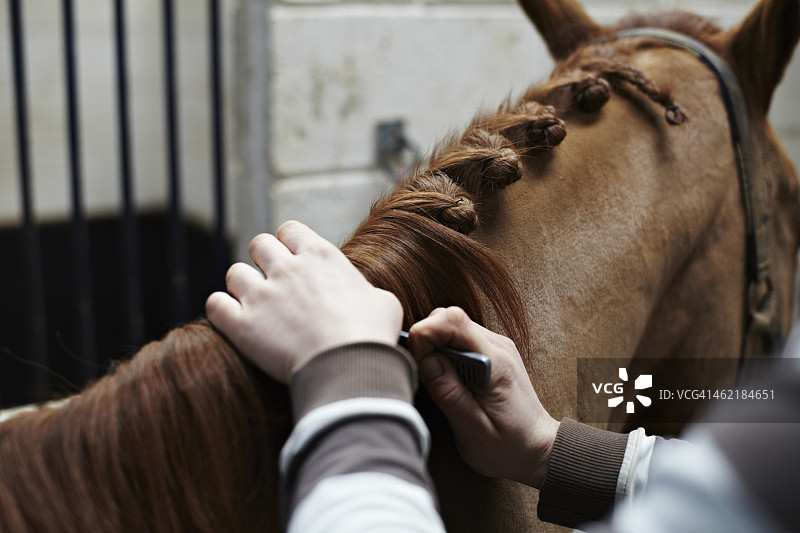 马厩工人编织的马鬃图片素材