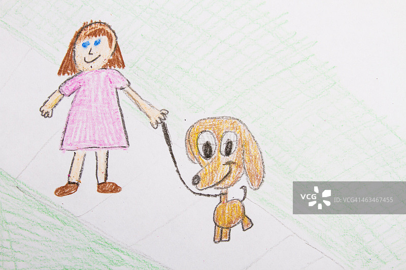 儿童绘画：女孩遛狗图片素材