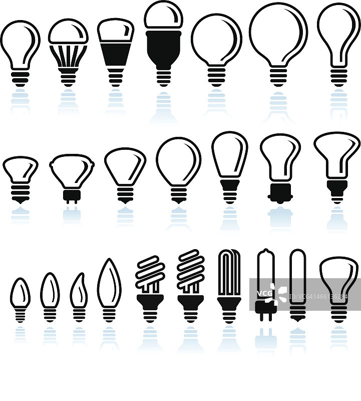 白色背景上的荧光灯和LED灯泡接口图标图片素材