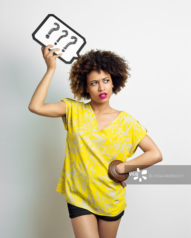 带有语音气泡的沉思的非洲裔女性图片素材