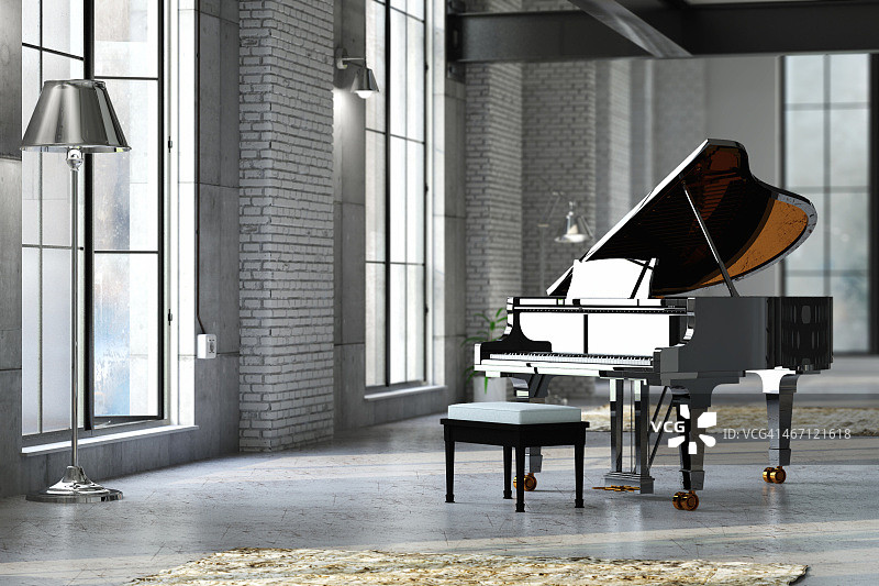 光线充足的房间里时尚的黑色三角钢琴图片素材