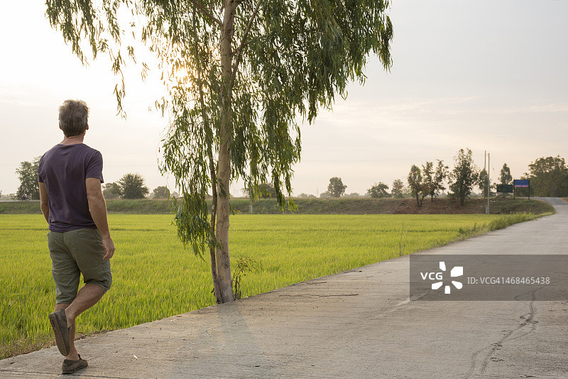 男子走在乡间小路上，路旁是稻田图片素材