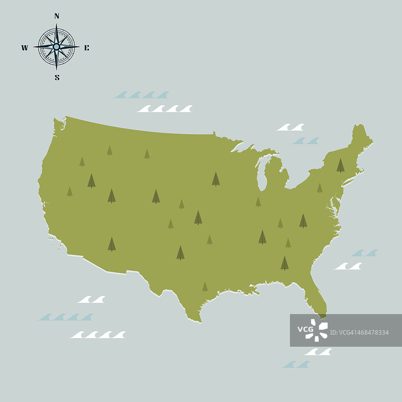 浅蓝色背景上的美国绿色旅行地图图片素材