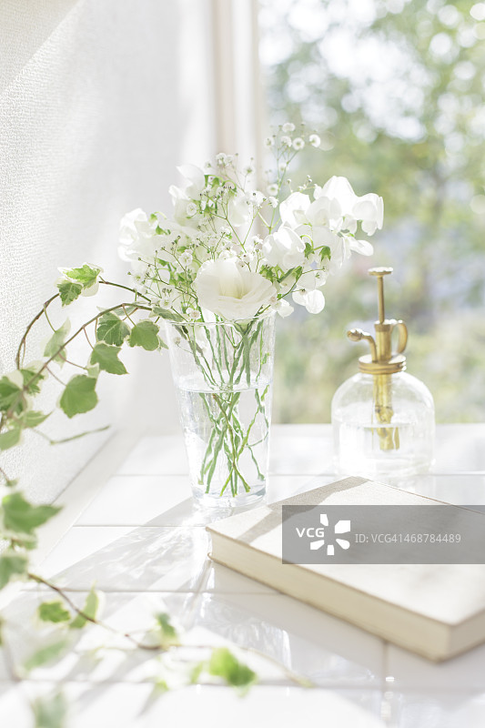 窗台花瓶中的日记本和白色鲜花图片素材