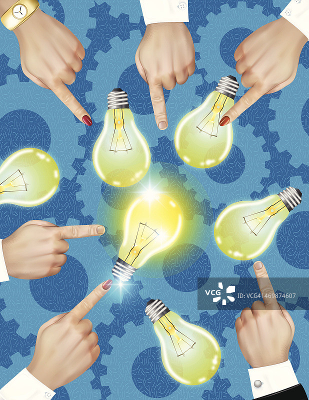 指向灯泡和创意的商务人士图片素材