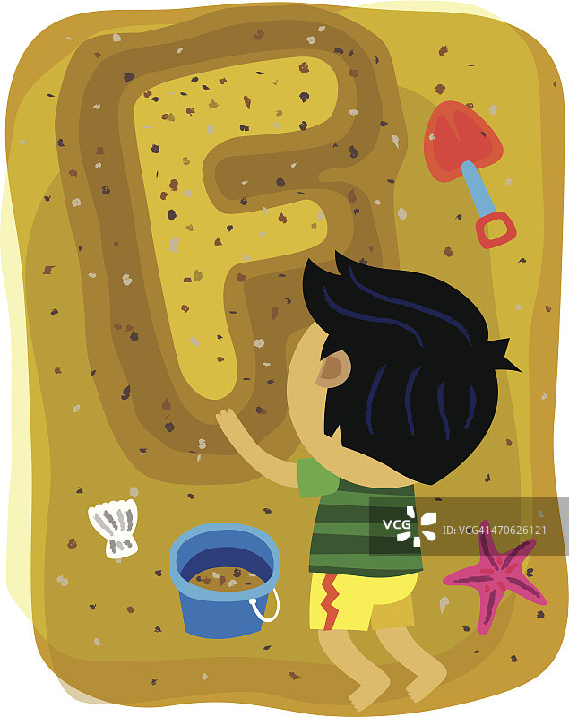 用沙子制作字母F的男孩插画图片素材