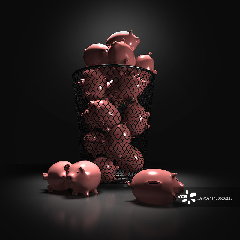 废纸篓里的小猪存钱罐，代表损失的示意图图片素材