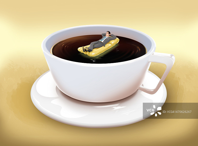 咖啡杯木筏上的商人插画：商务假期图片素材