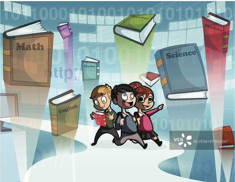 儿童与书籍的插图，背景为代表在线学习的二进制代码图片素材