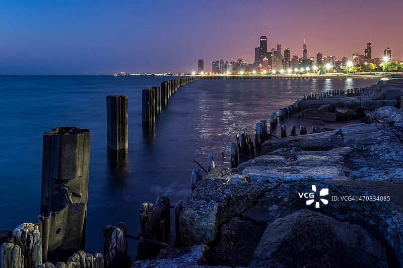 从富勒顿海滩看芝加哥日出图片素材