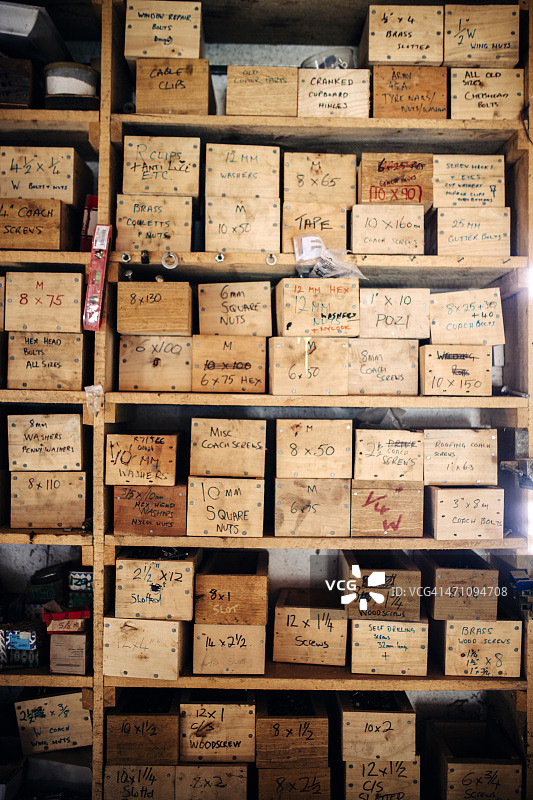 装有钉子和螺丝的抽屉：木匠用品图片素材