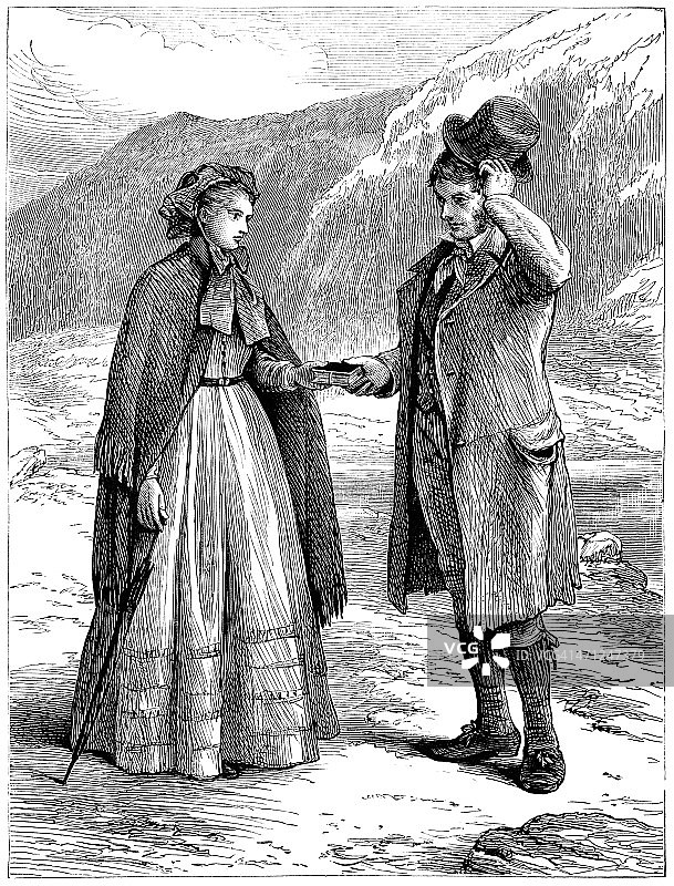 男人和女人在乡村道路上相遇（维多利亚风格插画）图片素材