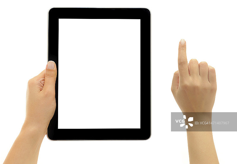 手持并指向白色屏幕平板电脑图片素材