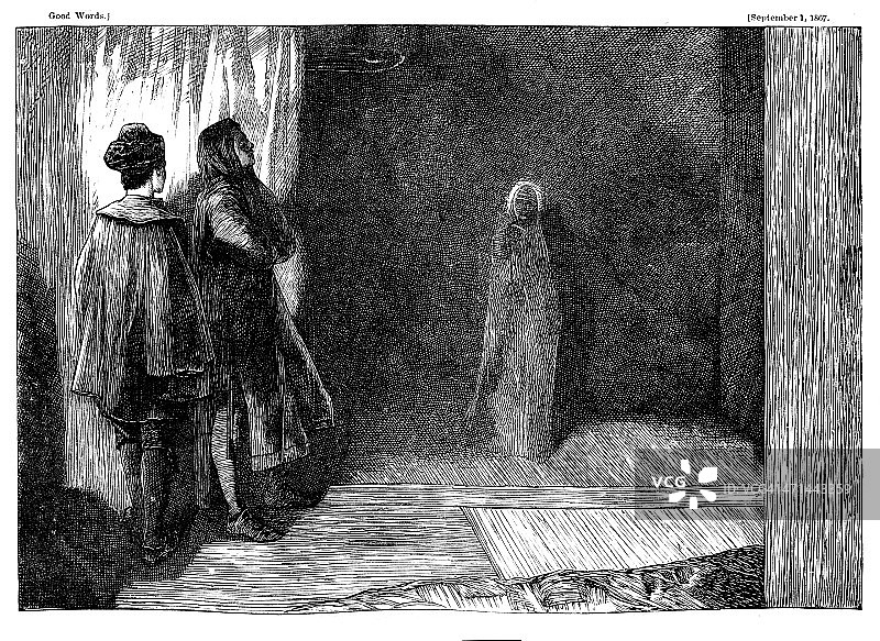 身着古装与雕像合影的两人（1867年杂志照片）图片素材